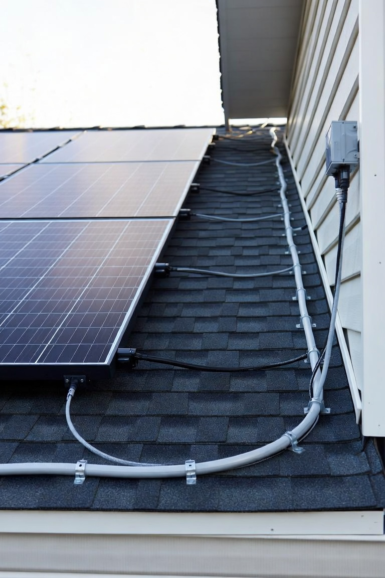 Roof rack, solar panels and cables installed