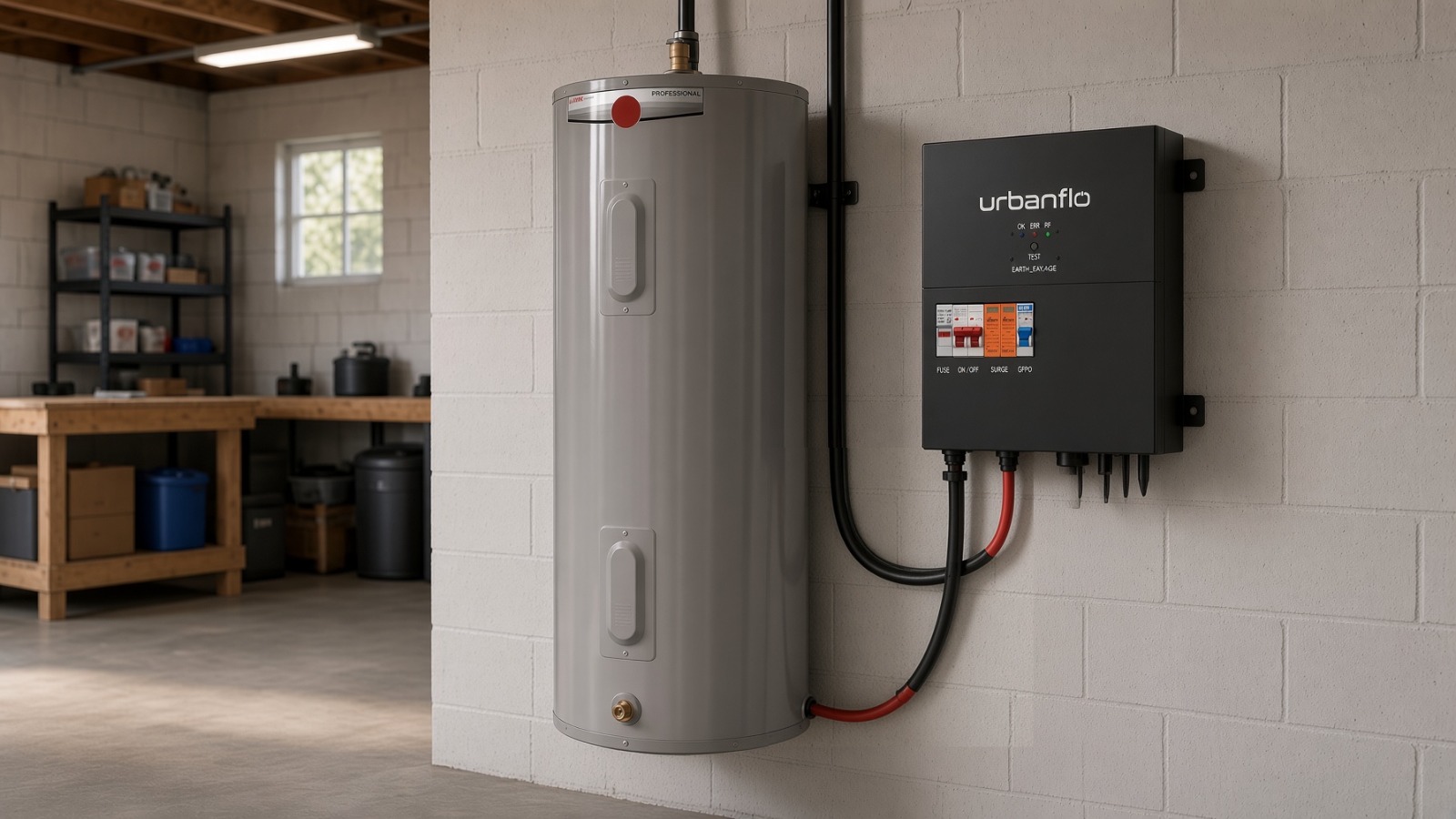 UrbanFlo inverter mounted next to a water heater
